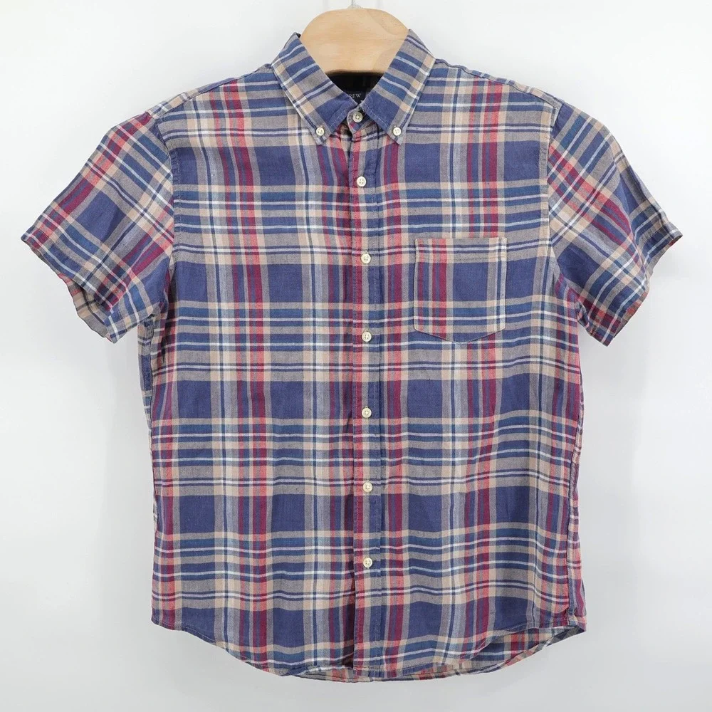 J. Crew Linen Blend Short Sleeve Button Down Shirt Blue Plaid Slim Fit Mens L - Picture 2 of 8